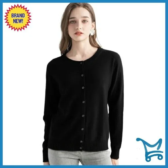 100% Pure Cashmere Cardigan Crew Neck Long Sleeve Knit Sweater